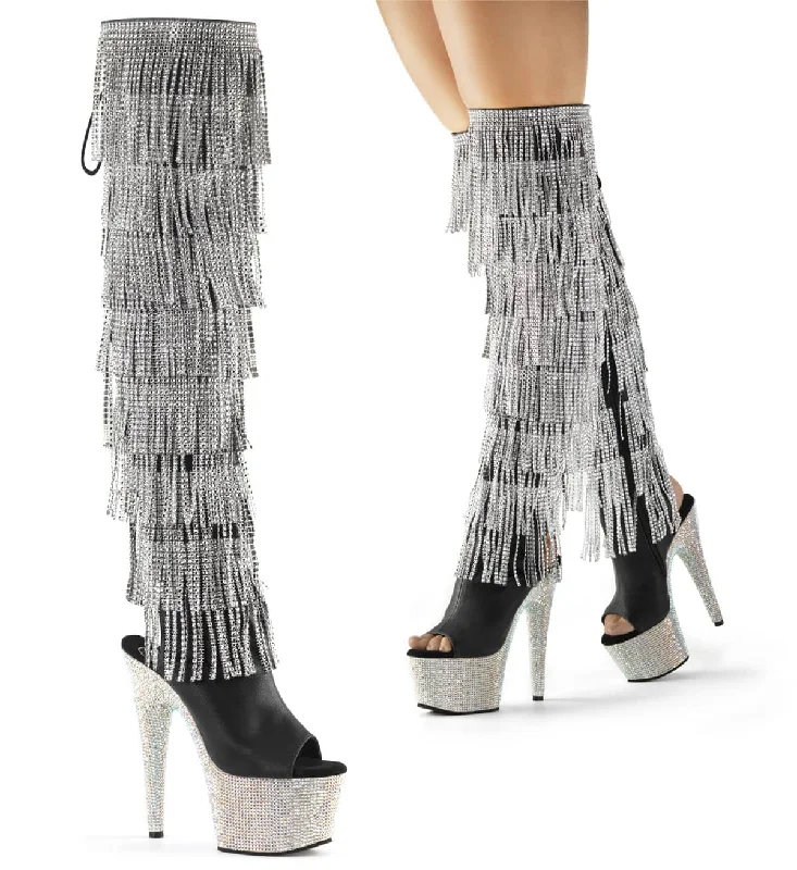 Affordable espadrille sandals for summer-BEJEWELED-3019RSF-7 Silver & Black Knee High Peep Toe Boots