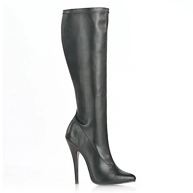 Elegant evening sandals with pearls-DOMINA-2000 Faux Leather Black Stiletto Knee High Boots