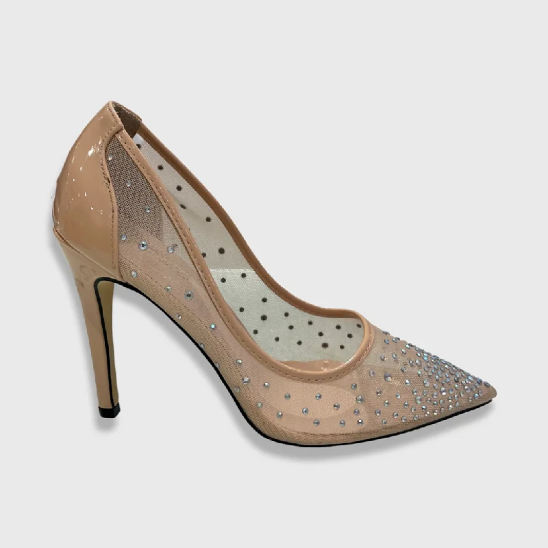 Elegant mary jane shoes for women-Sofia  - Nude Patent Mesh Diamante Pointed Toe Heels