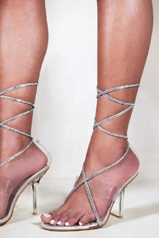 SILVER SATIN DIAMANTE CROSSOVER STRAP WITH LACE UP DETAIL HIGH HEEL