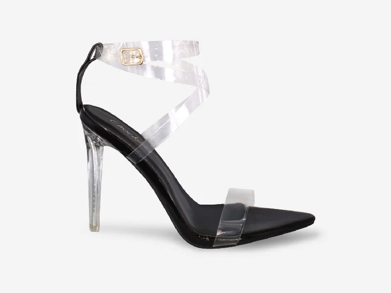 Designer pumps with pointed toes-Whitney - Black Patent Perspex Straps Clear Heel