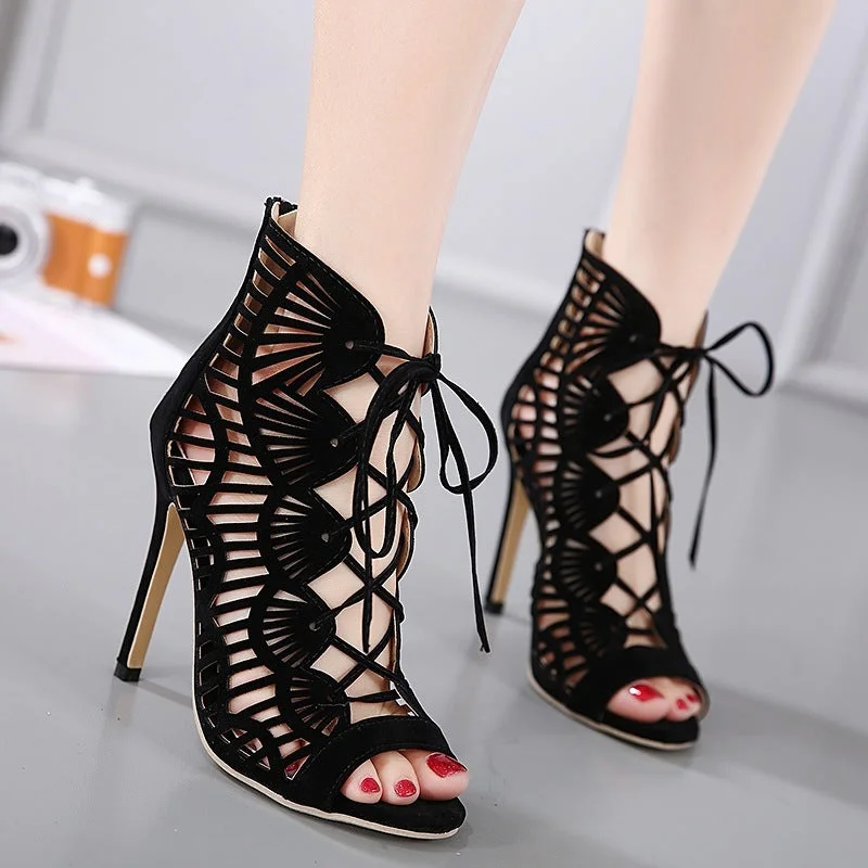 Boho leather sandals for summer-Lace high heels