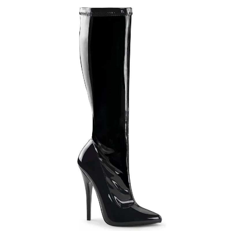 Stylish ankle boots with fringe-DOMINA-2000 Patent Black Stiletto Knee High Boots