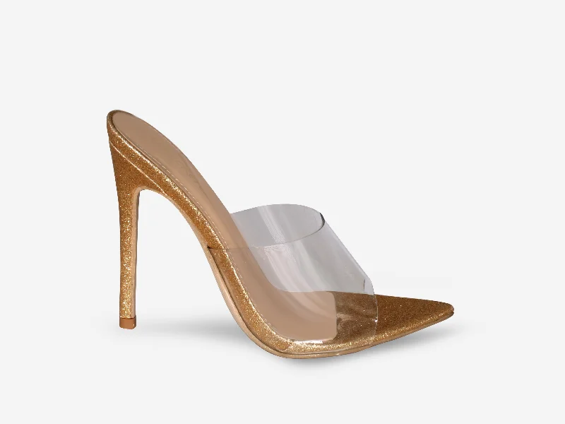 Chic platform sandals for women-Maddie -  Gold Glitter Pointed Toe Perspex Peep Toe Heel