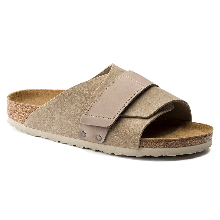 Soft leather mules for women-Womens Birkenstock Kyoto Suede Narrow in Taupe