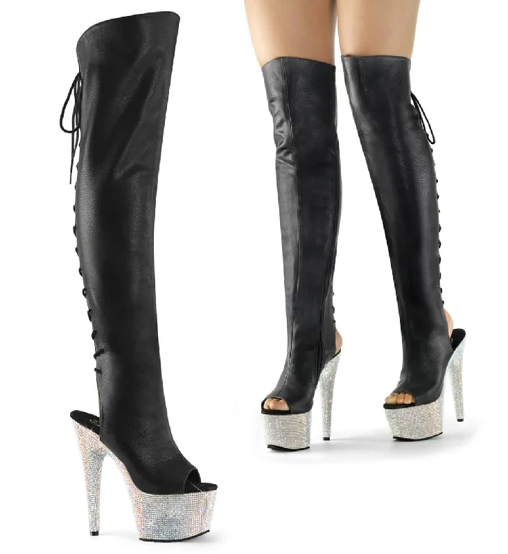 Boho sandals with tassels-BEJEWELED-3019DM-7 Silver & Black Thigh High Peep Toe Boots