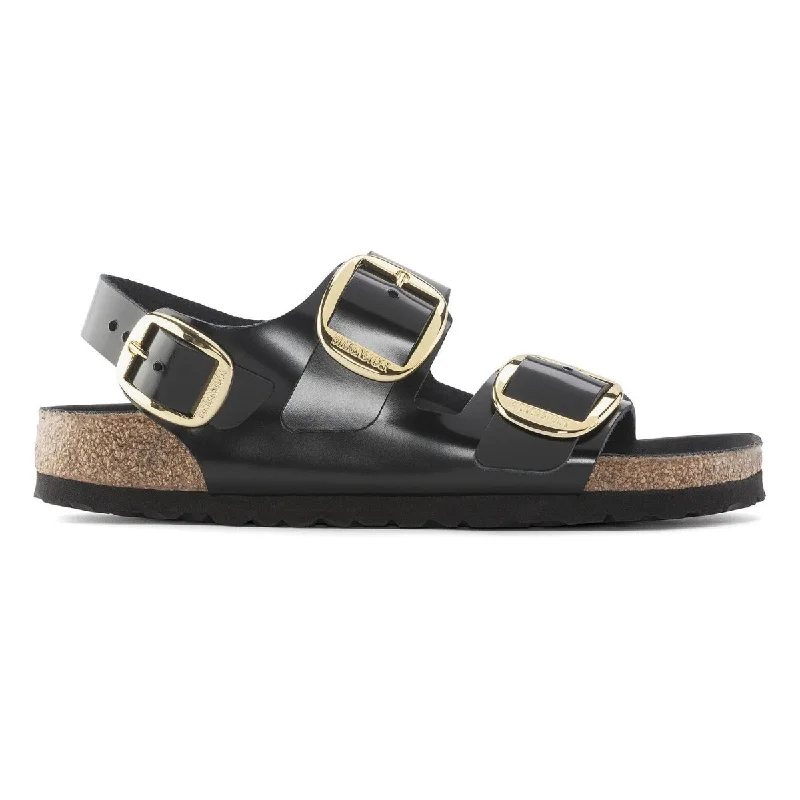 Boho sandals with tassels-Birkenstock Women's Milano Big Buckle High Shine Black Leather