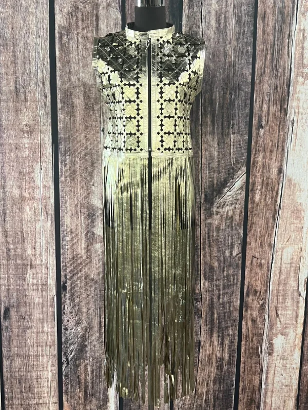 Affordable sundresses for women-Long Fringed Jacket In Gold