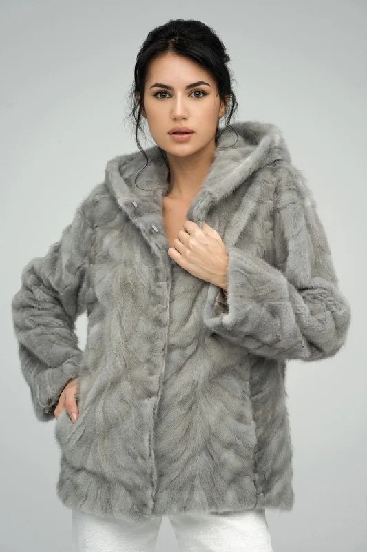 Soft knit cardigans for layering-Gray Genuine Hooded Mink Fur Coat