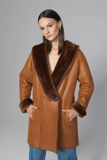 High-quality tights for women-Cognac Lambskin Midi Coat with Merino Fur Collar