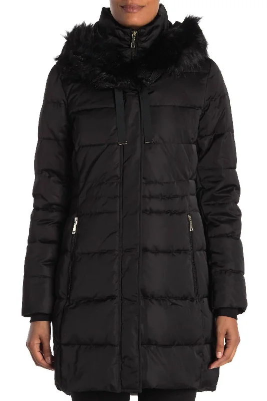 Soft cashmere sweaters for winter-Stefani Faux Fur Hood Down Fill Fitted Puffer Coat In Black