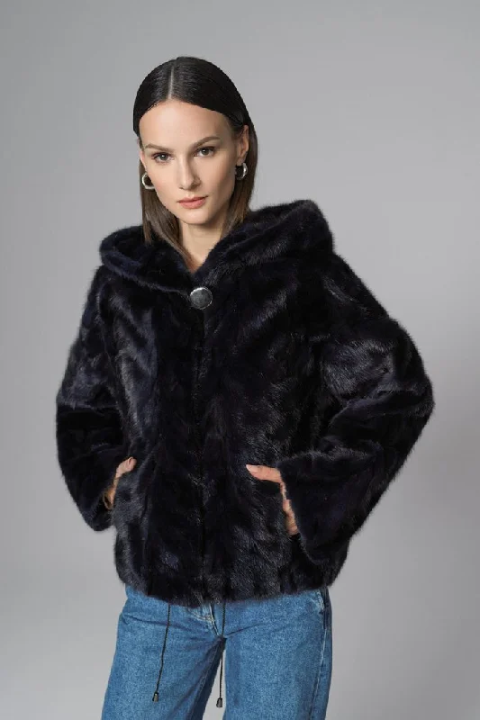 Chic leather pants for women-Navy Blue Hooded Nutria Mink Fur Coat