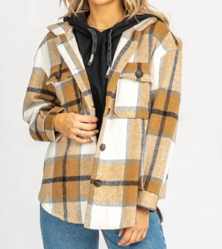 Trendy denim overalls for women-Plaid Shirt Jacket In Sepia