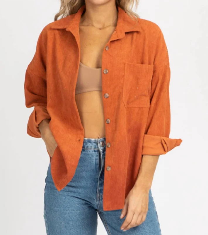 Elegant cocktail gowns for events-Corduroy Shirt Jacket In Rust