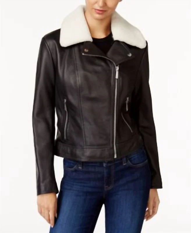 Trendy graphic tees for women-Shearling Collar Leather Jacket in Black