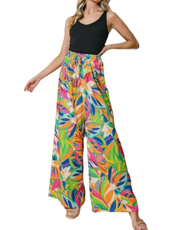 Soft silk pajamas for women-Tropical Patterned Flowy Pants In Tangerine Abstract