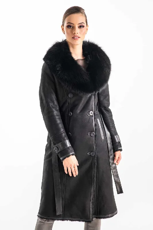 Lightweight blazers for summer-Black Genuine Merino Shearling Coat with Arctic Fox Fur Collar