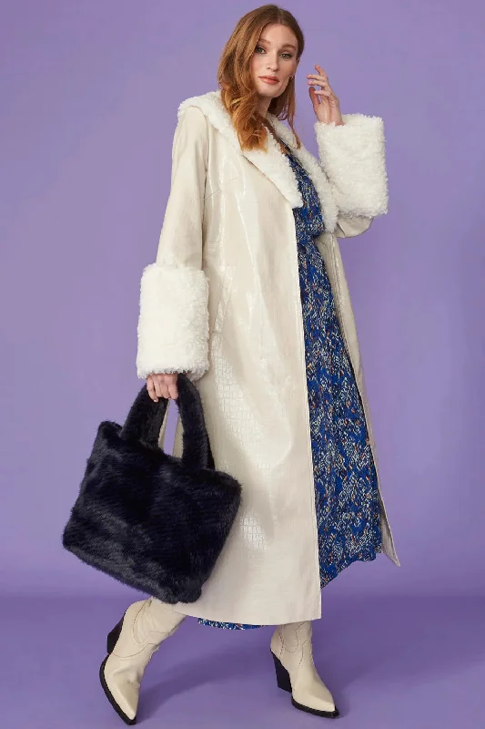 Soft wool sweaters for cold days-Cream Faux Leather Trench Coat with Detachable Faux Mongolian Collar and Cuffs