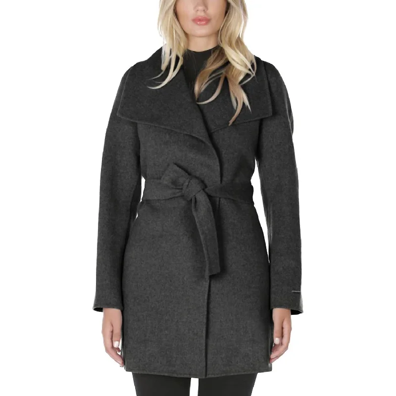 Elegant tailored blazers for women-Wool Wrap Coat With Tie Belt In Charcoal