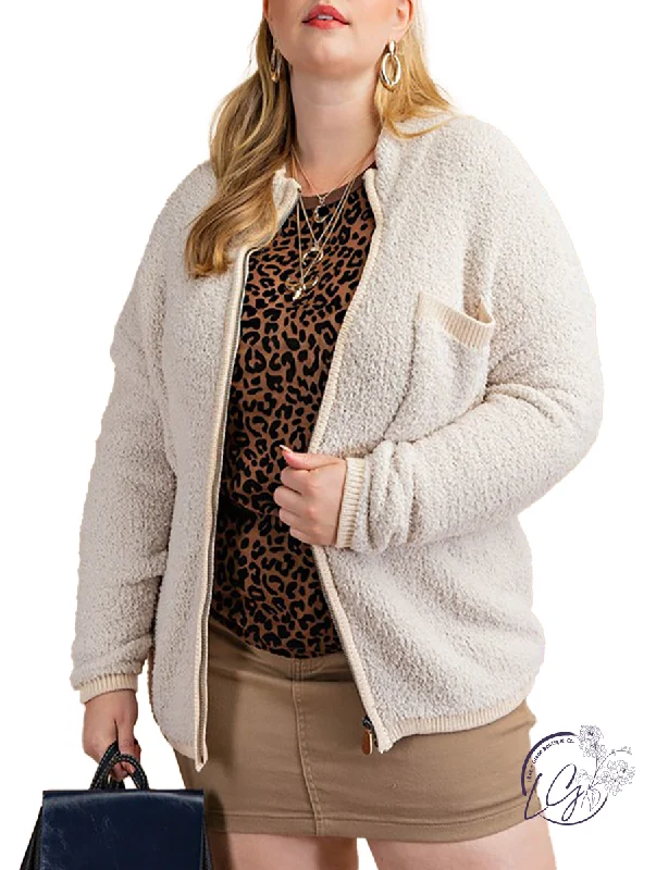 Casual sweatpants for women-Curvy Setting The Mood Sherpa Zip-Up Jacket