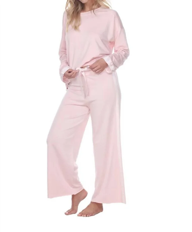 Affordable winter coats for women-Kimber Crop French Terry Wide Leg Crop Pant With Satin Stripes In Blush