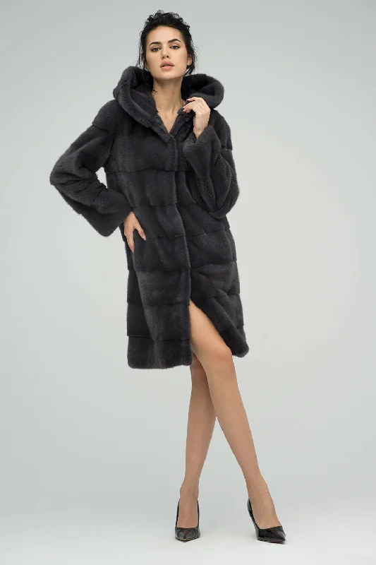 Designer blazers for professional women-Anthracite Hooded Mink Fur Maxi Coat