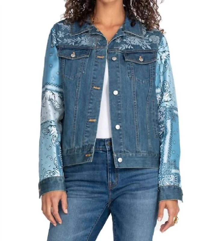 High-quality leather jackets for women-Bandana Patched Denim Jacket In Multi