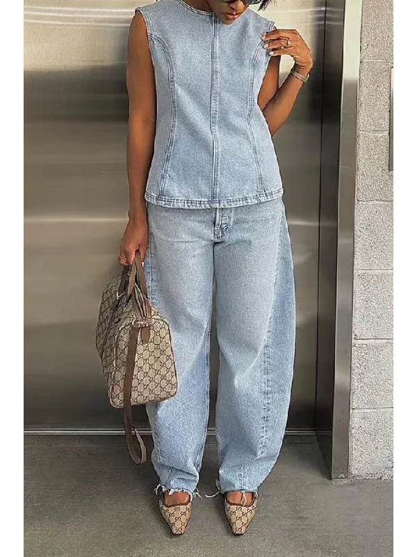 Vintage-inspired dresses for women-Denim Split Hem Tank Straight Jeans Sets