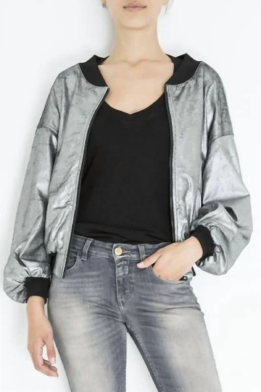 Designer denim shorts for summer-Metallic Bomber In Silver