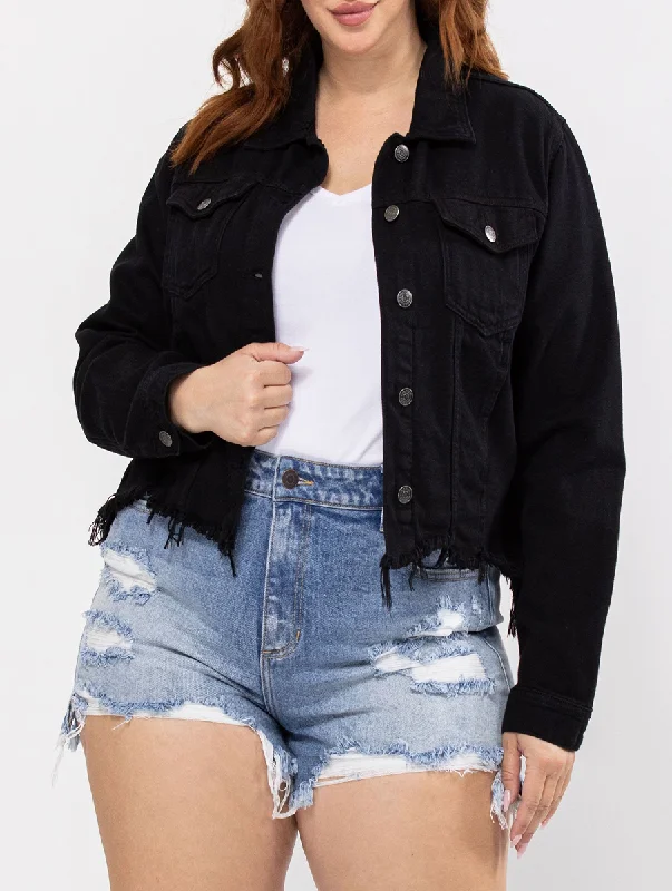 Trendy denim overalls for women-Curvy Amaya Frayed Fitted Denim Jacket by Cello Jeans