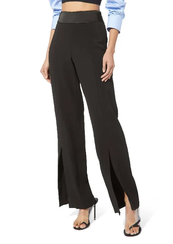 Designer skinny jeans for women-Ariah Crepe Satin Combo Front Slit Pant In Black