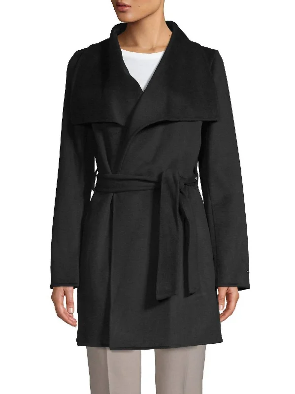 Stylish jumpsuits for summer-Ella Lightweight Wool Wrap Trench Coat in Black