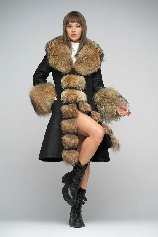 High-waisted jeans for casual wear-Black Genuine Maxi Sheepskin Overcoat with Arctic Raccoon Fur Detailing