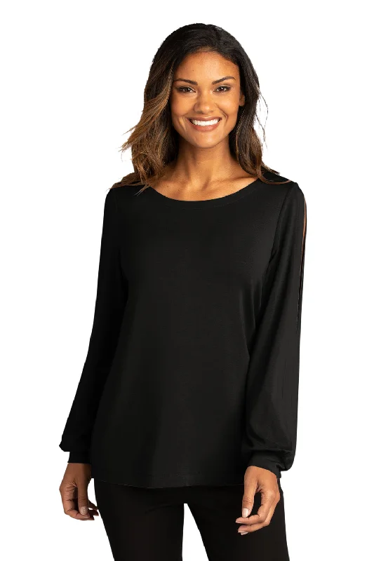 Chic off-shoulder dresses for women-Port Authority Womens Luxe Knit Long Sleeve Wide Neck T-Shirt - Deep Black