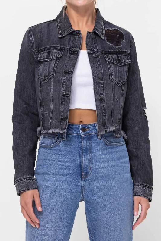 Trendy denim jackets for women-Katrina Destroyed Fitted Denim Jacket In Black Acid