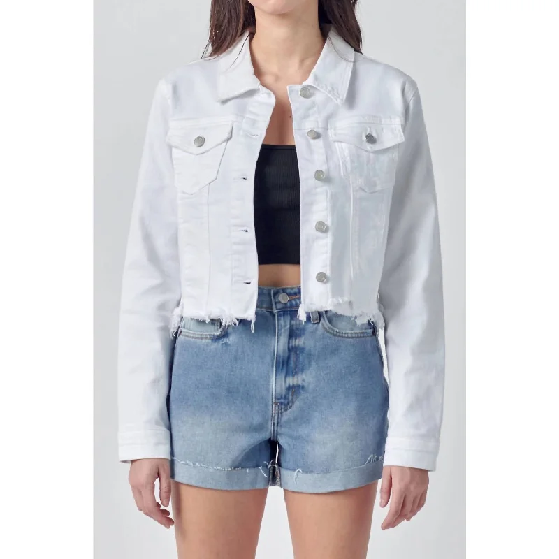 Vintage denim skirts for casual wear-Katrina Destroyed Fitted Denim Jacket In White