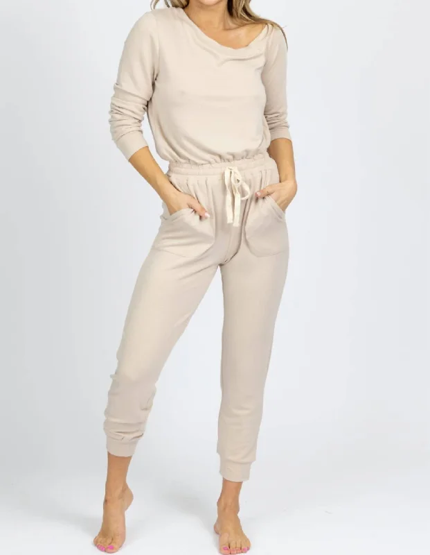 Designer satin dresses for women-Butter Soft Drawstring Jumpsuit In Taupe