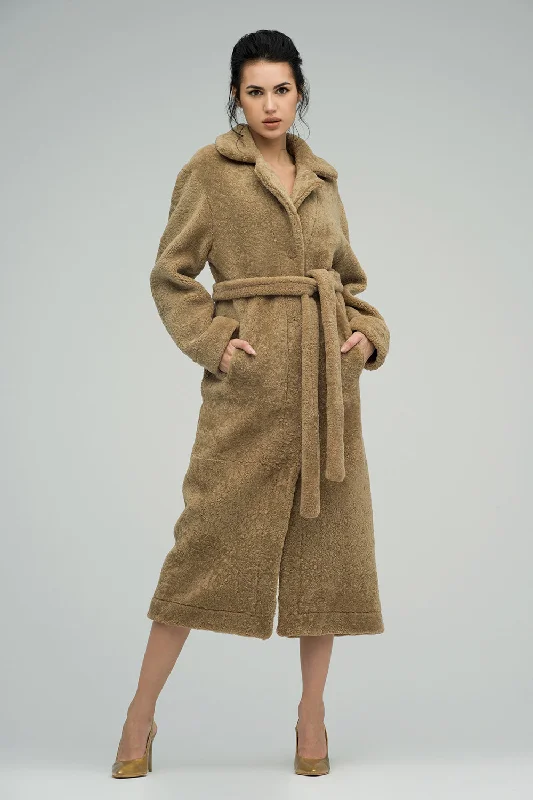 Lightweight cardigans for layering-Beige Reversible Sheepskin Lamb Fur Maxi Coat