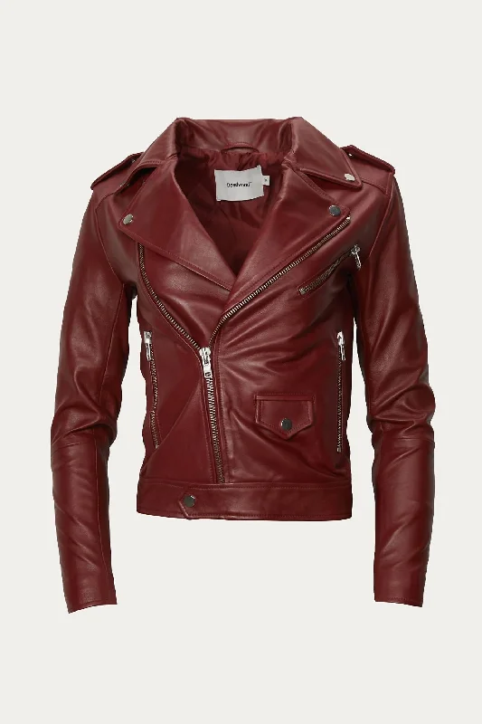 Designer satin dresses for women-River Biker Jacket In Burgundy