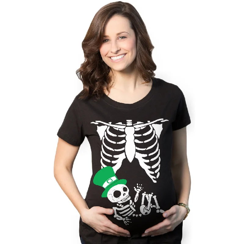 Trendy bell-sleeve tops for women-St. Patrick's Day Baby Skeleton Maternity T Shirt