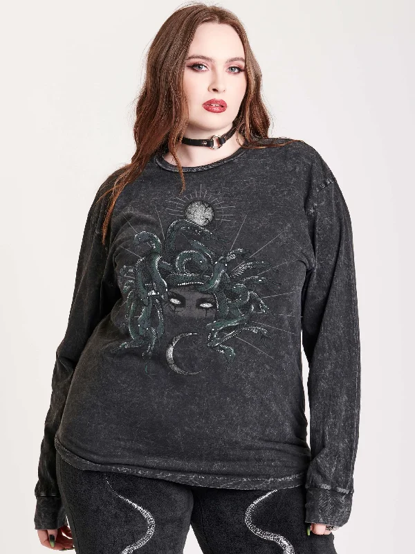 Boho tunics for women-Green Medusa Long Sleeve T-shirt