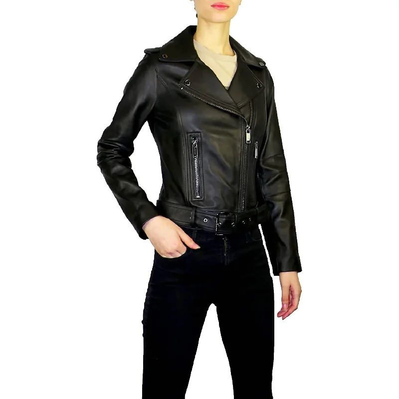 Trendy bell-sleeve tops for women-Outerwear Asymmetrical Zip Belted Short Leather Jacket in Black