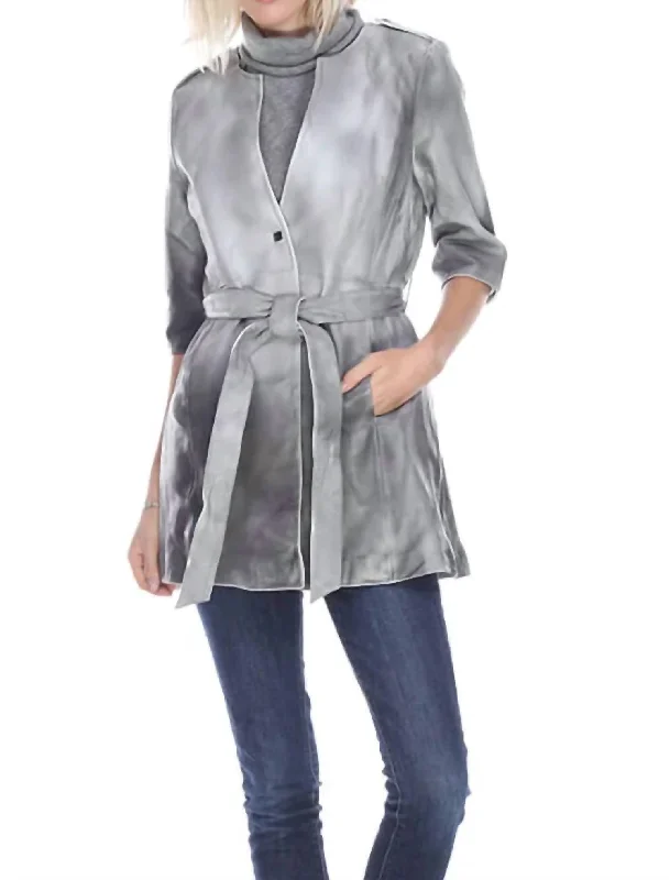 Designer denim shorts for summer-Dip Dye Long Leather Coat In Grey