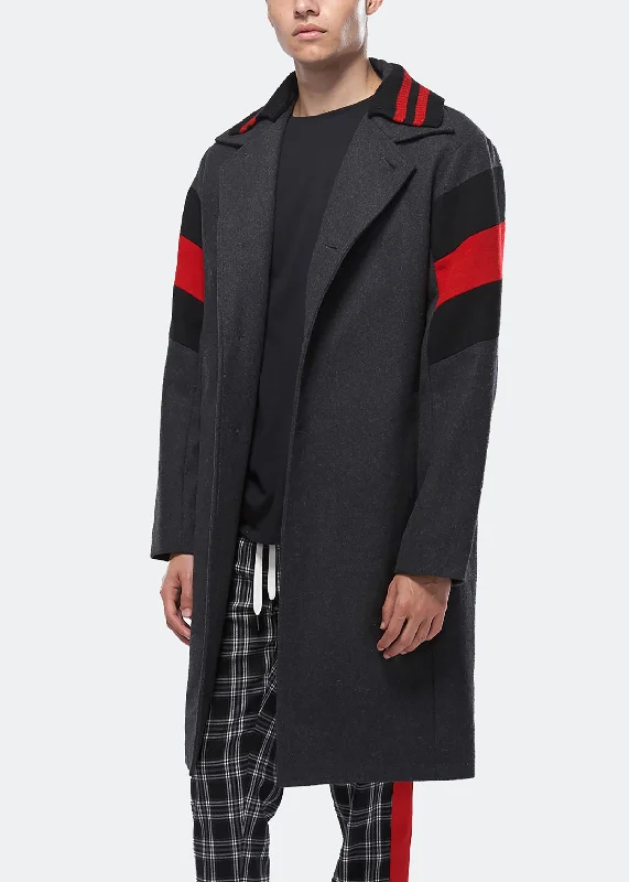 Designer trench coats for women-Konus Men's Wool Blend Long Coat with Contrast Stripes in Charcoal