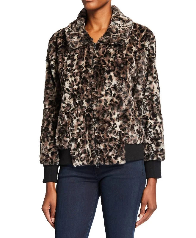 Casual overalls for women-Leopard Faux Fur Bomber Jacket In Multi