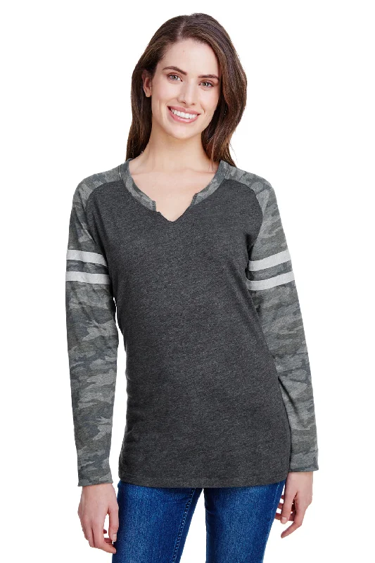 Luxury cashmere cardigans for women-LAT Womens Gameday Mash Up Fine Jersey Long Sleeve V-Neck T-Shirt - Vintage Smoke Grey/Camo