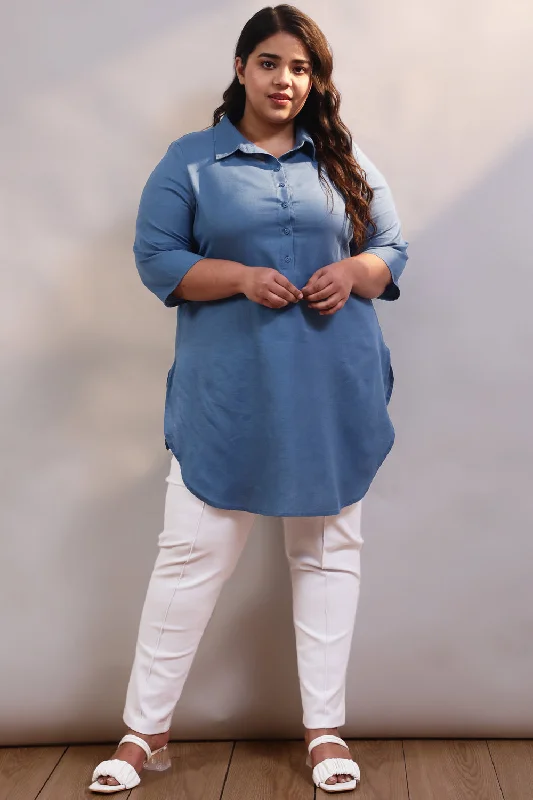 Casual overalls for women-Blue Cotton Linen Shirt Style Long Top