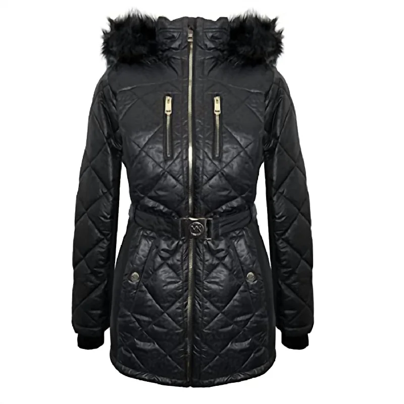 Elegant blouses for formal events-Women'S Scuba Stretch Belted Faux Fur Hood Quilted Coat in Black