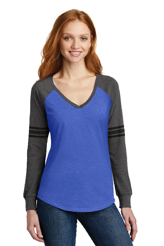 Vintage-inspired dresses for women-District Womens Game Long Sleeve V-Neck T-Shirt - Heather True Royal Blue/Heather Charcoal Grey/Black - Closeout