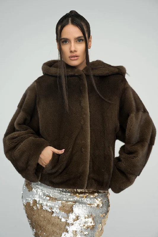 Boho tunics for women-Brown Fluffy Hooded Mink Fur Coat